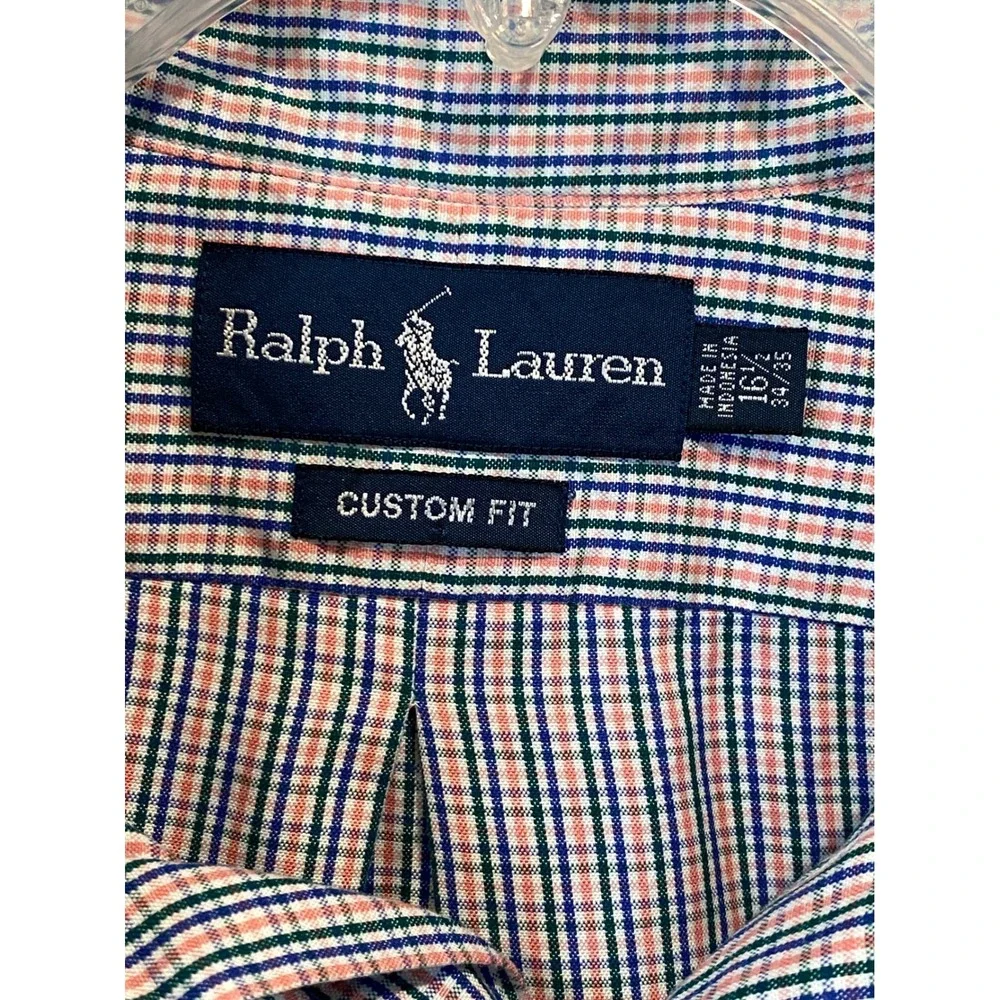 Polo Ralph Lauren Mens Custom Fit Plaid Button Down Shirt 16.5 34/35 Blue Orange
